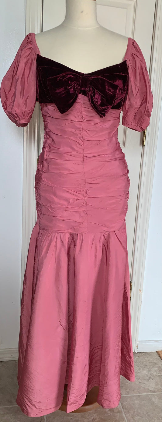 Vintage 80s Prom Dress - XS - Mermaid Style - Dusty Rose with Burgandy Velvet Bust