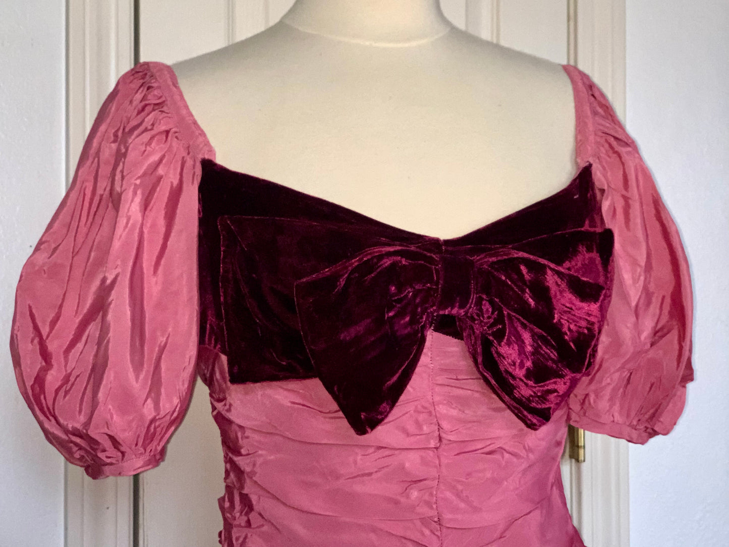 Vintage 80s Prom Dress - XS - Mermaid Style - Dusty Rose with Burgandy Velvet Bust