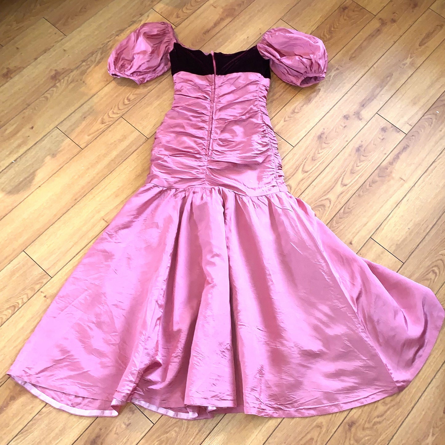 Vintage 80s Prom Dress - XS - Mermaid Style - Dusty Rose with Burgandy Velvet Bust