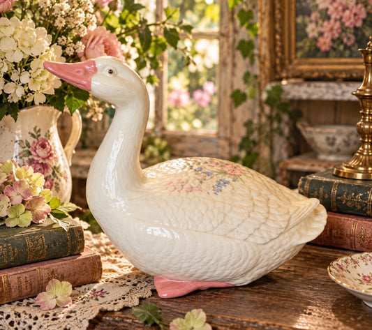 Vintage 1980s Floral Ceramic Goose Figurine Pink Blue Flowers Cottagecore Country Decor - neck up