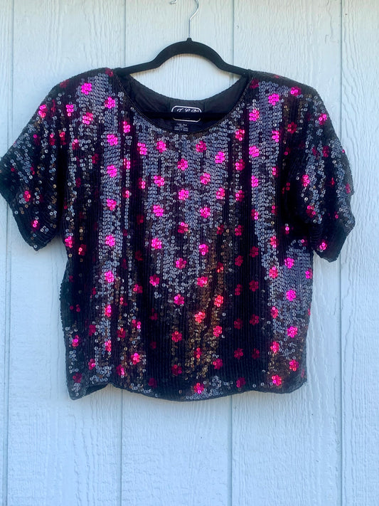 Vintage beaded sequin size Large top, NWT, crop top - black and fuchsia - Jean for Joseph Le Bon