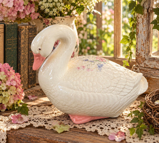 Vintage Floral Ceramic Goose Figurine | Cottagecore Grandmillennial Country Goose Decor
- neck down