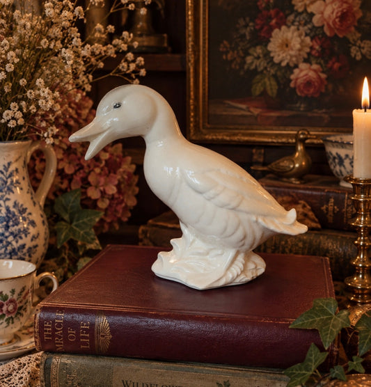 Vintage White Ceramic Duck Figurine Open Beak | Cottagecore Grandmillennial Country Bird Decor