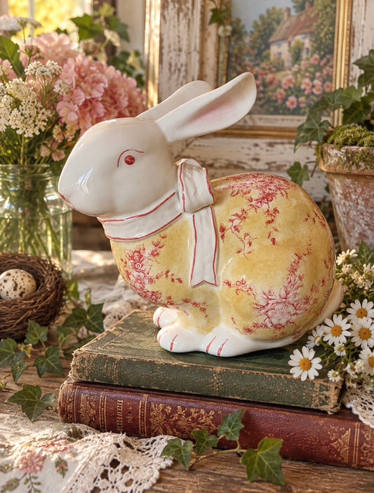 Vintage Ceramic Bunny Rabbit Figurine • Floral Toile Cottagecore Easter Spring Decor